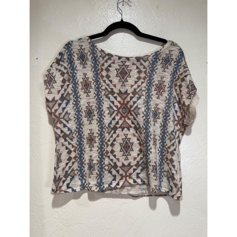 Ginger G Womens Southwestern Geometric Knit Top Blue Brown Size S Boxy Tee